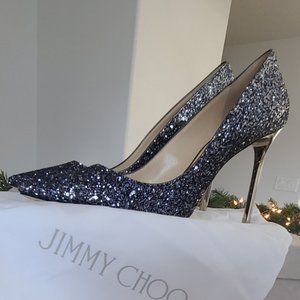 Jimmy Choo Romy 100 Glitter Digrade Pointy Toe Pumps